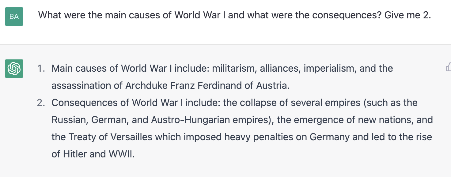 ChatGPT prompt about the main causes of world war I and what were the consequences