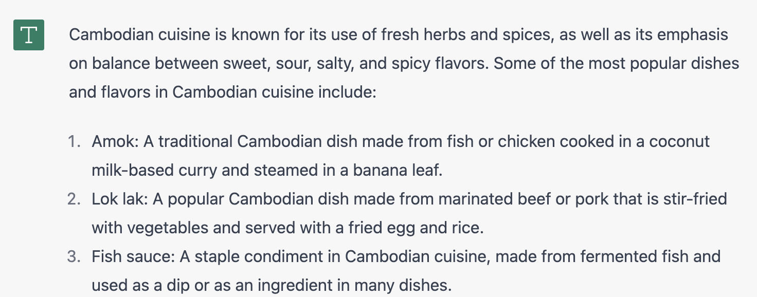 ChatGPT prompt about what is cambodia food