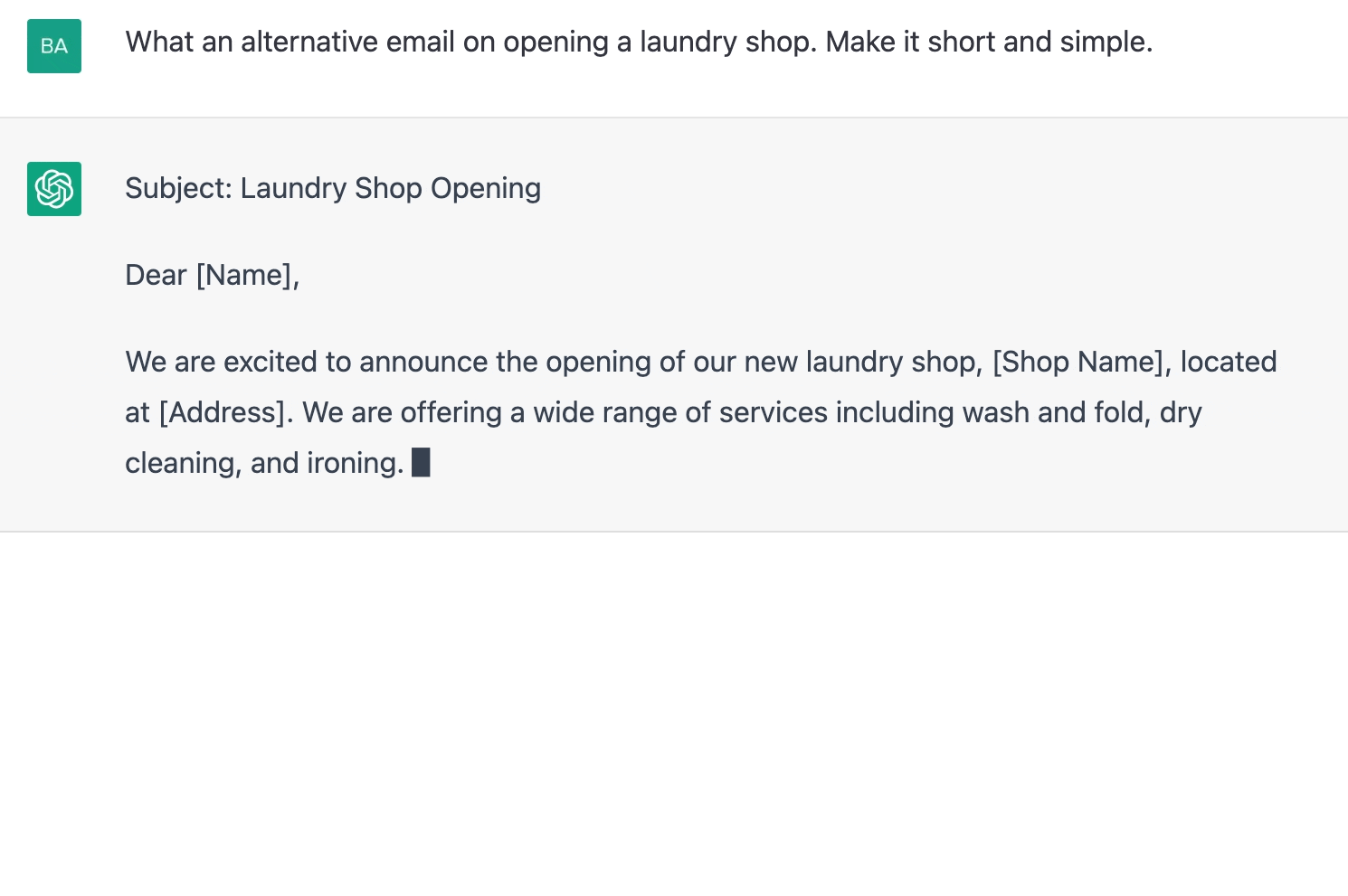 ChatGPT prompt about alternative email on opening a laundry shop