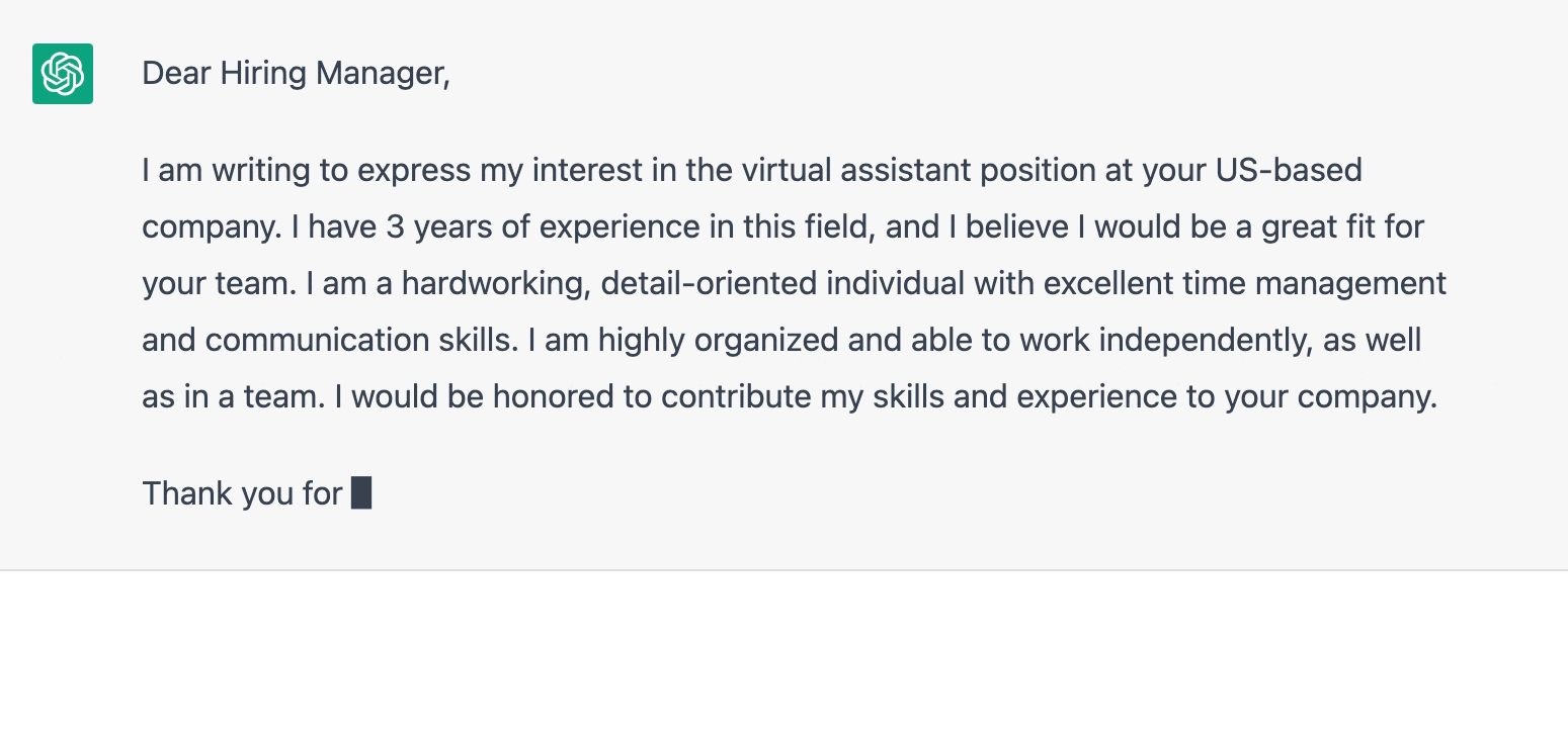ChatGPT prompt about writing an application email