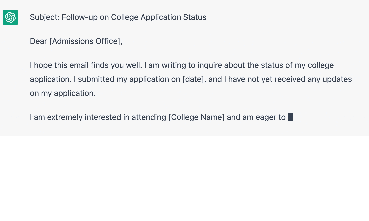 ChatGPT prompt about writing a follow-up on college application status
