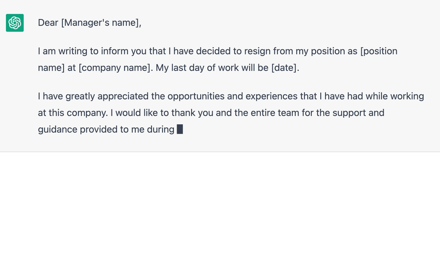 ChatGPT prompt about writing an resignation email