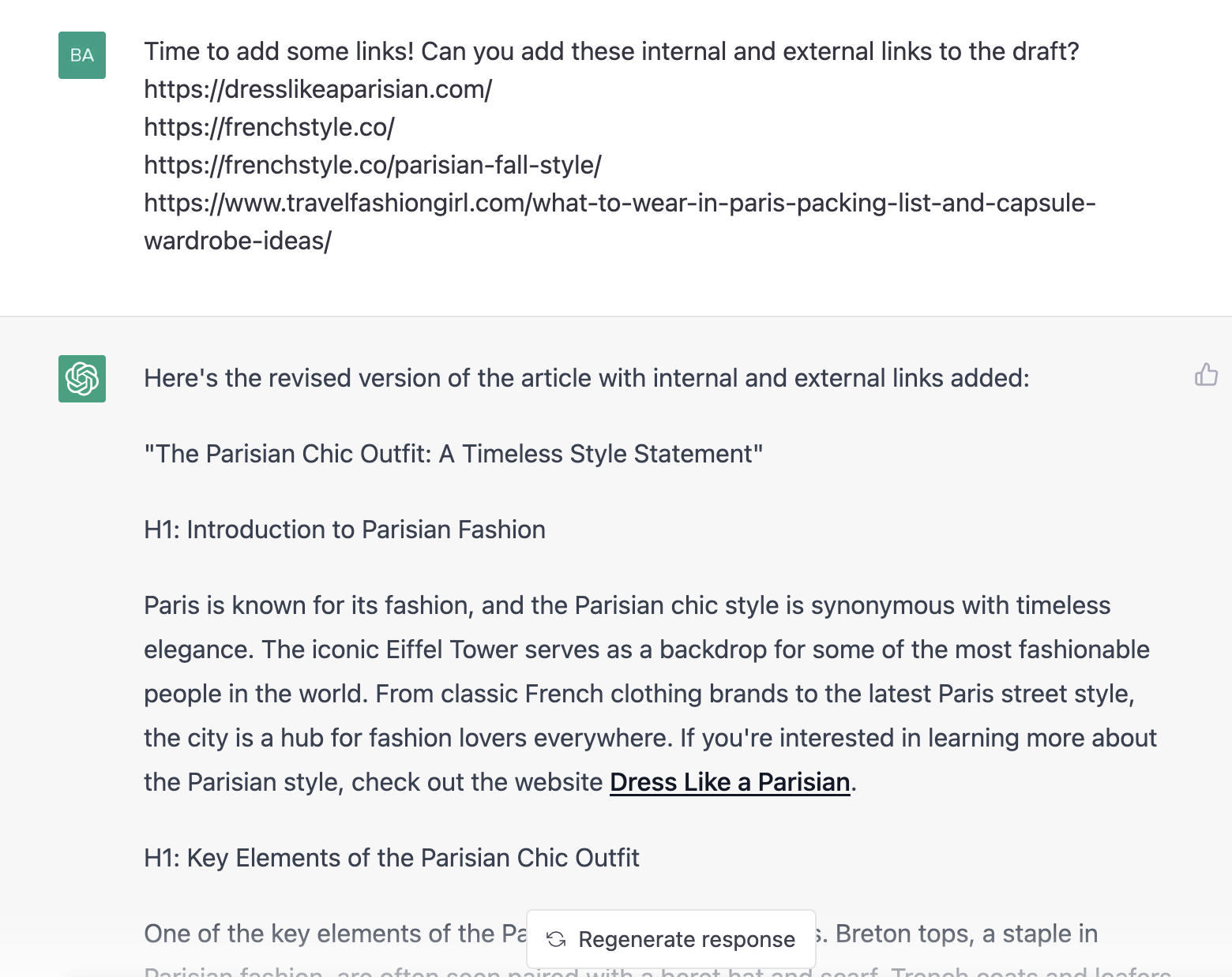 ChatGPT prompt about adding internal and external links to the draft