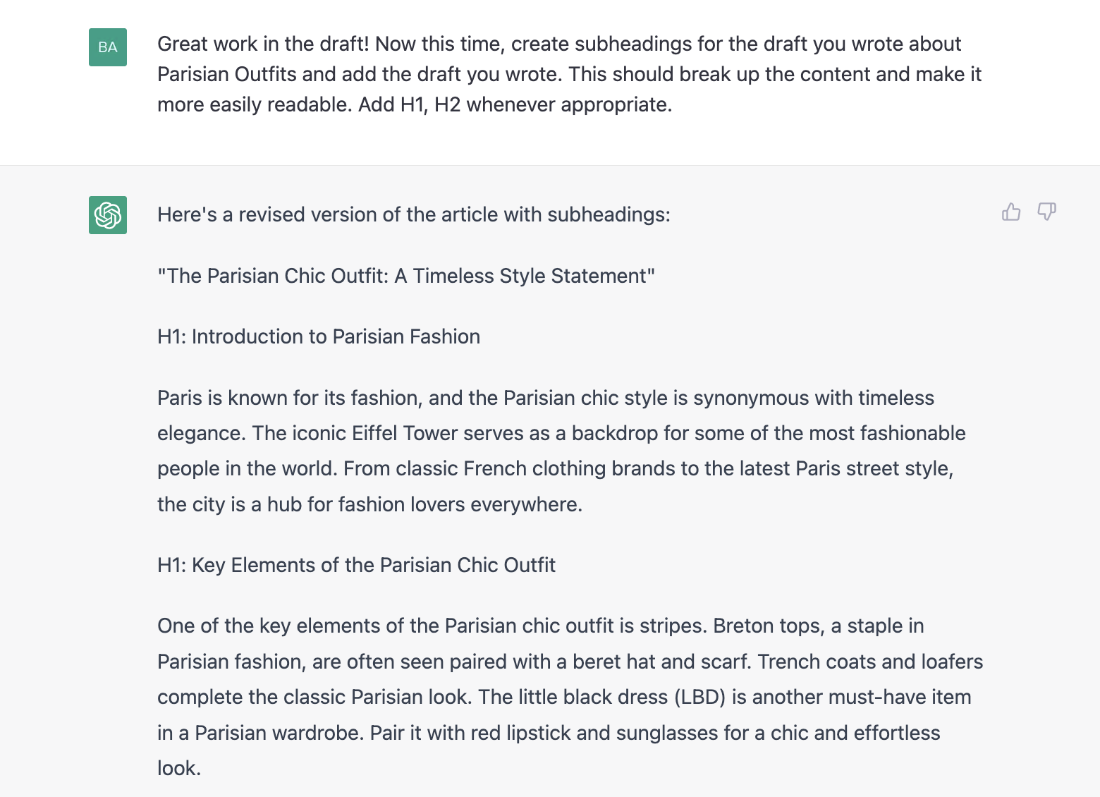 ChatGPT prompt about creating subheadings for the draft about Parisian outfits