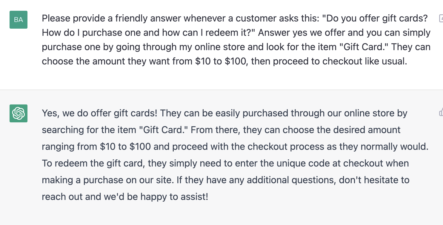 ChatGPT prompt about providing a friendly answer for customers 
