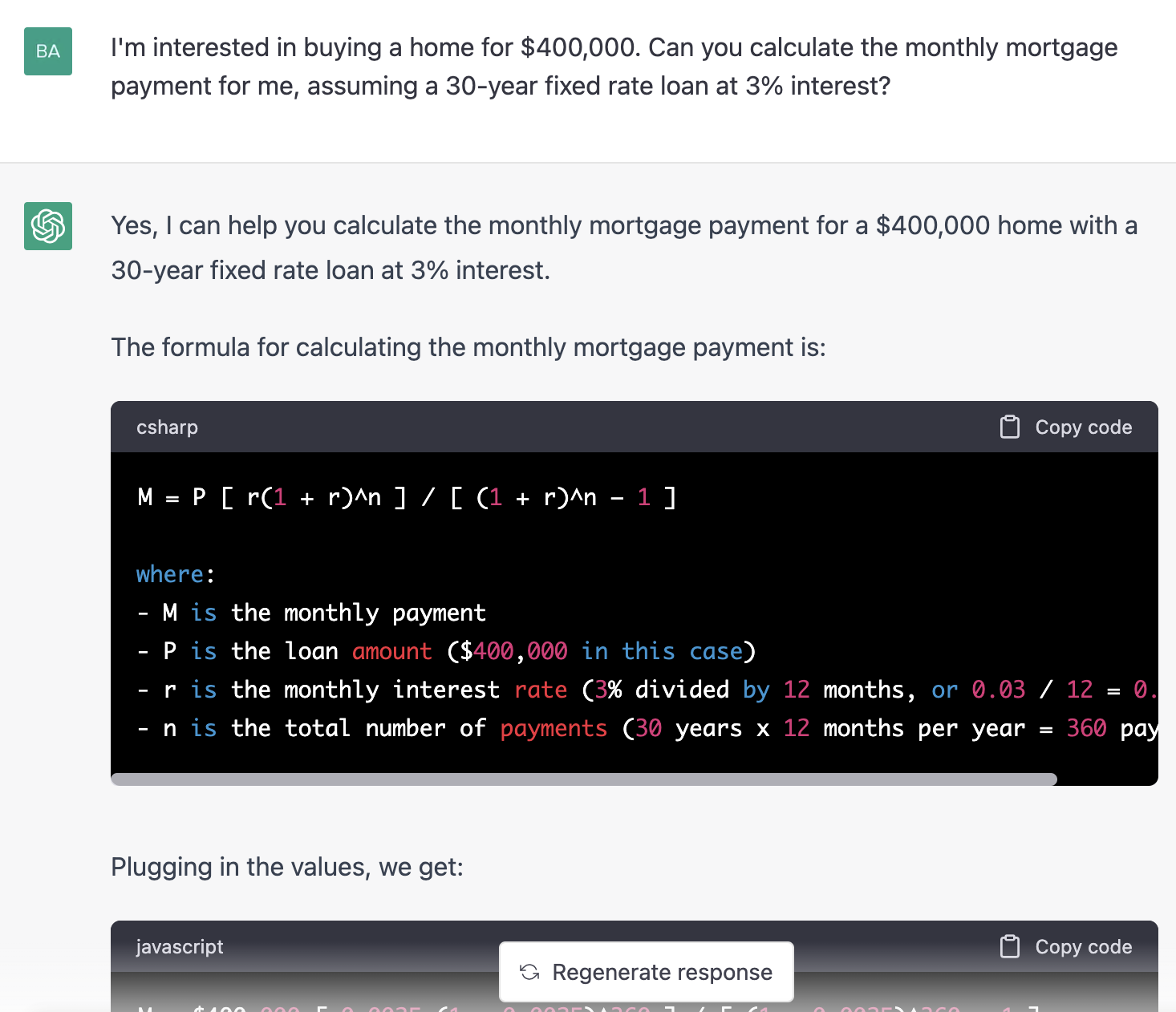 ChatGPT prompt about calculating the monthly mortgage payment