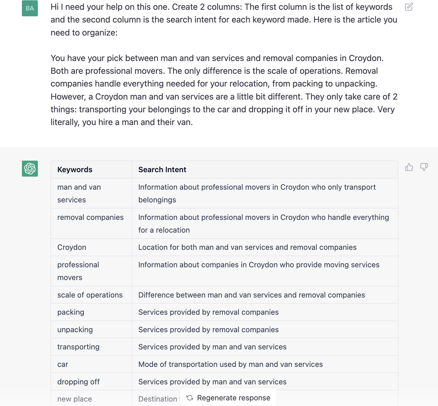 ChatGPT prompt about these two categories:keywords and search Intent