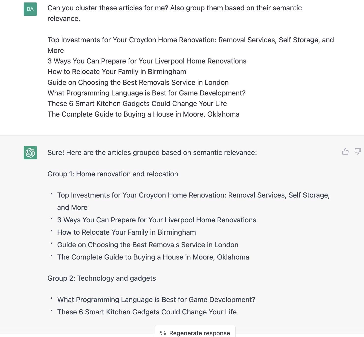 ChatGPT prompt about the articles grouped based on semantic relevance