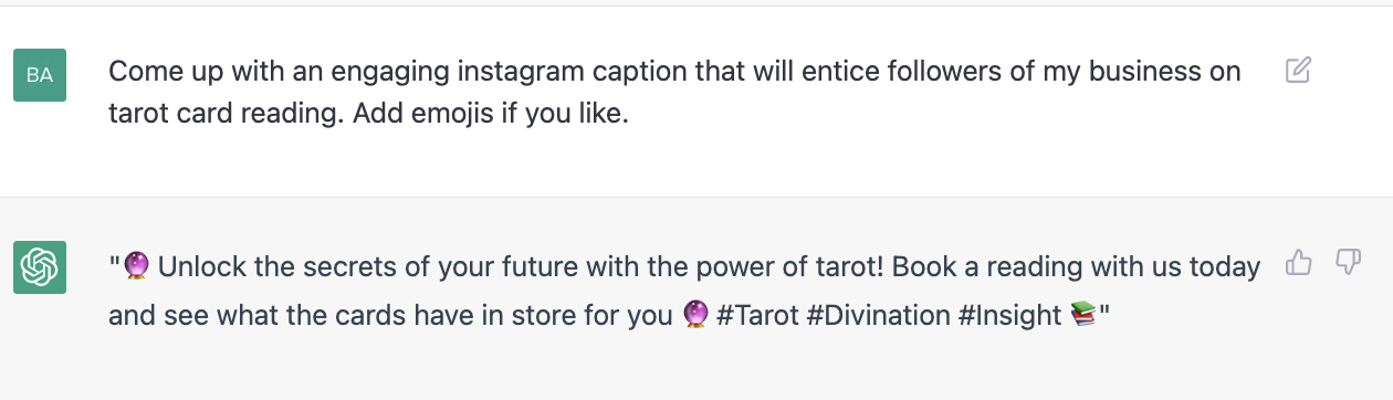 ChatGPT prompt about instagram caption for tarot card