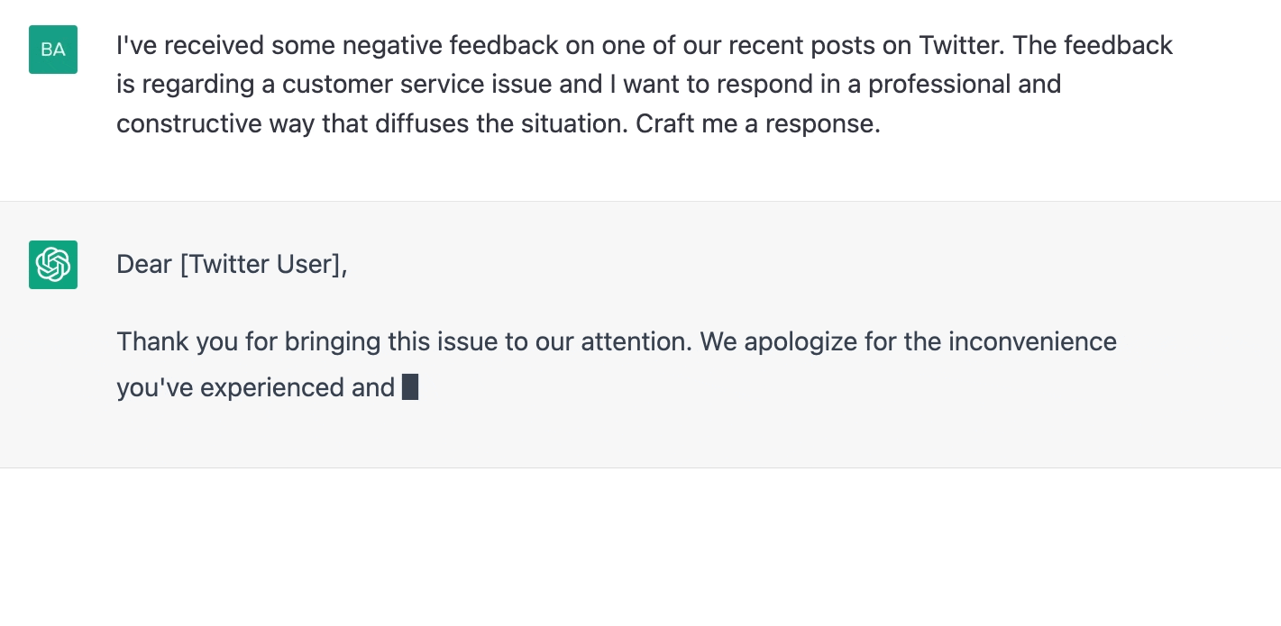 ChatGPT prompt about response on some negative feedback on twitter