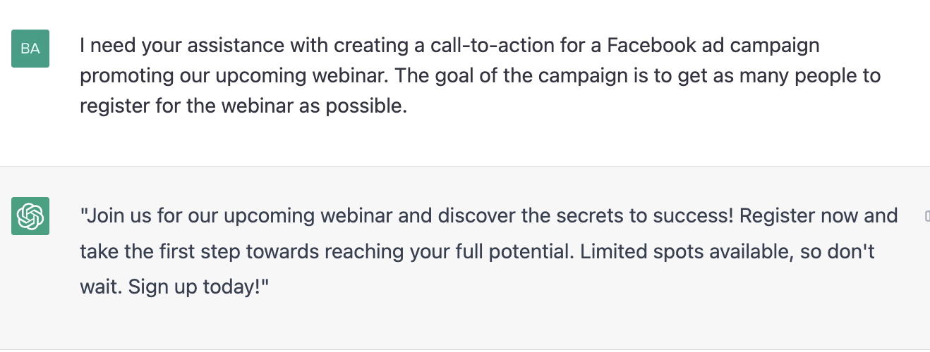 ChatGPT prompt about creating a call to action for an ad campaign promoting an upcoming webinar