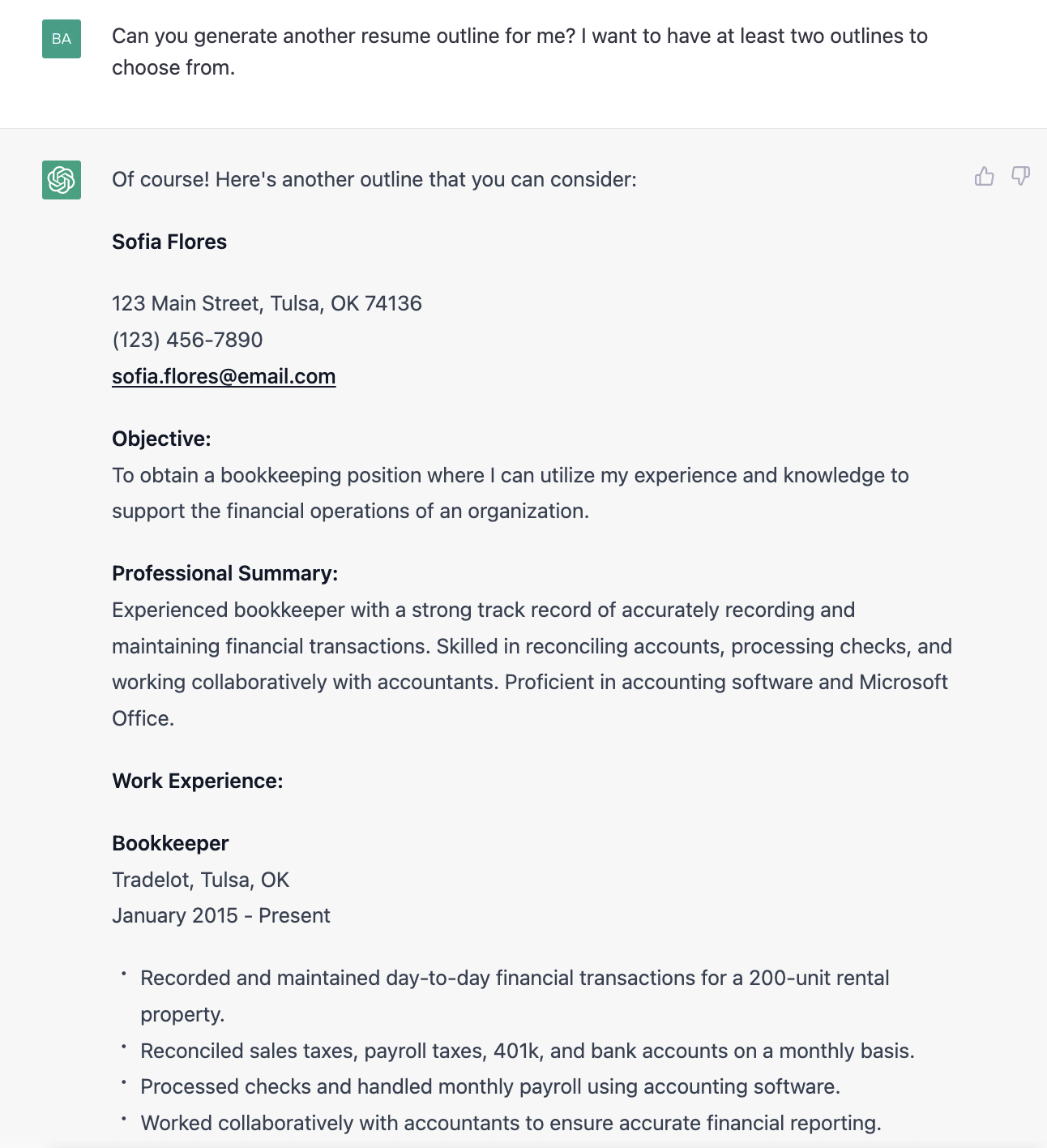 ChatGPT prompt about generating another resume outline