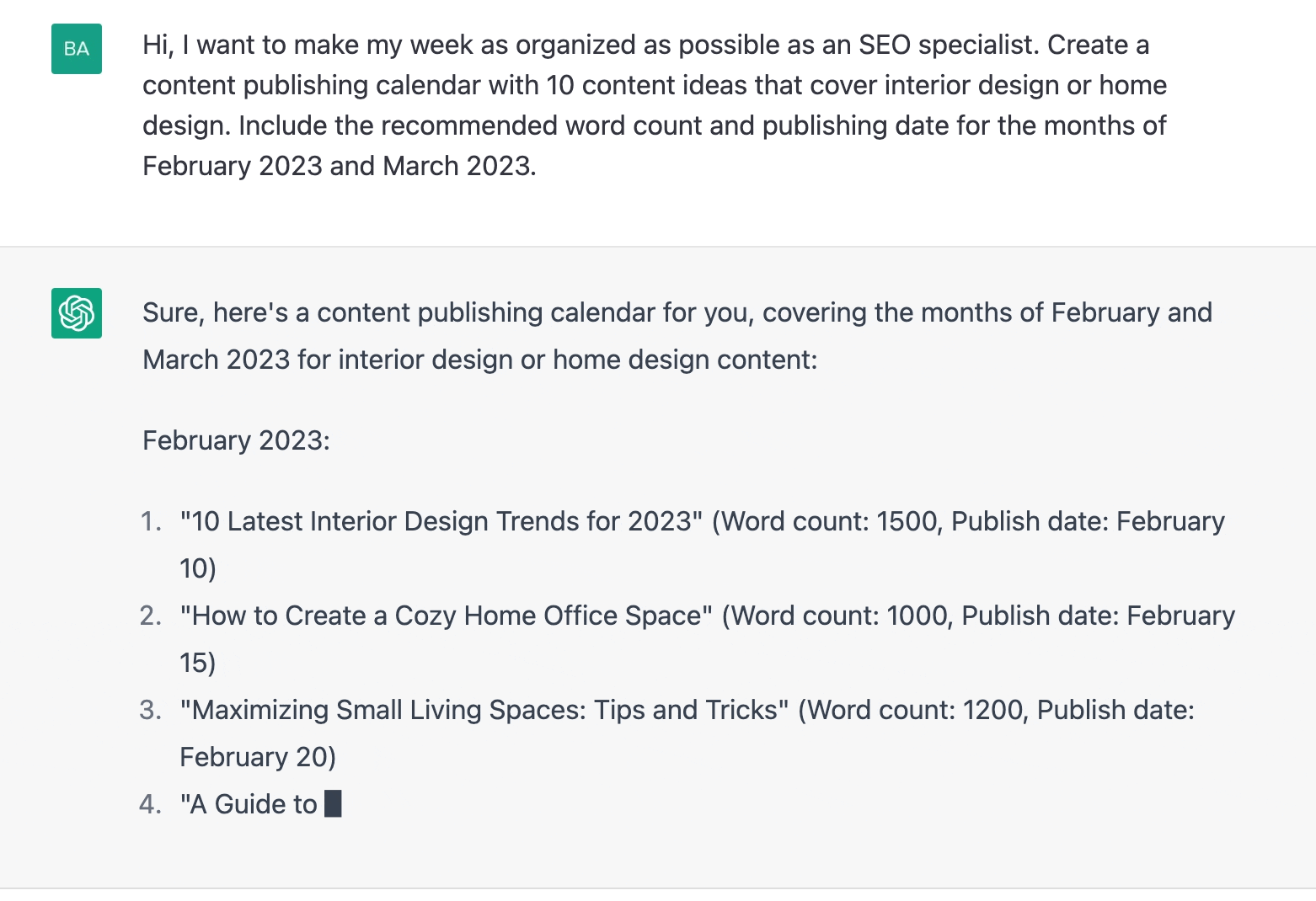 ChatGPT prompt about creating a content in publishing calendar with 10 content ideas for interior design or home design