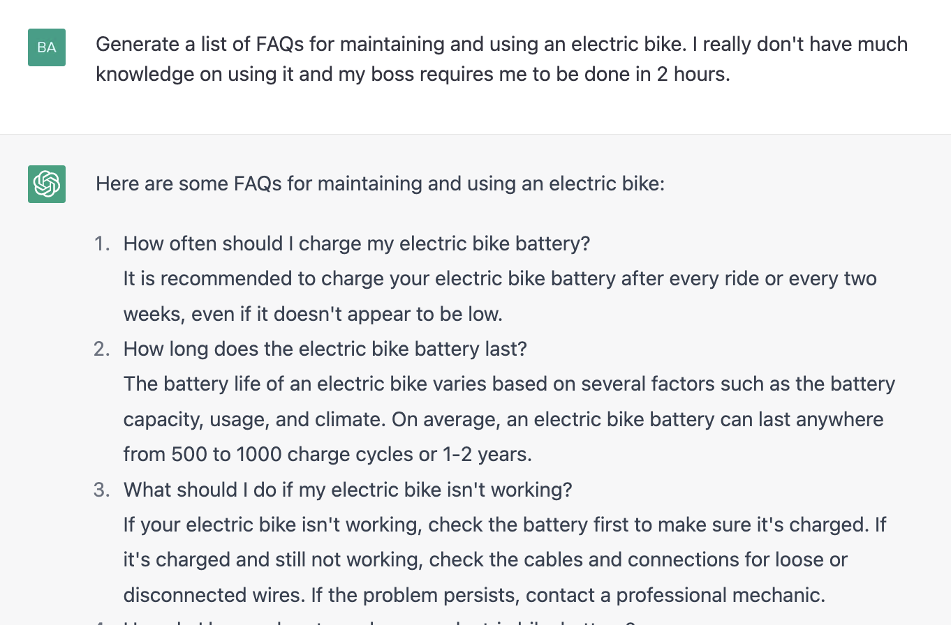 ChatGPT prompt about FAQs for maintaining and using an electric bike