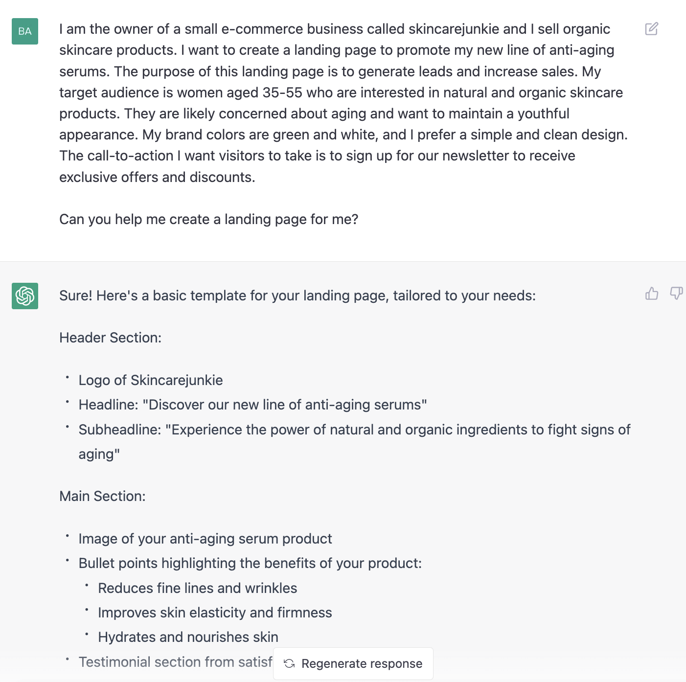 ChatGPT prompt about creating a landing page 