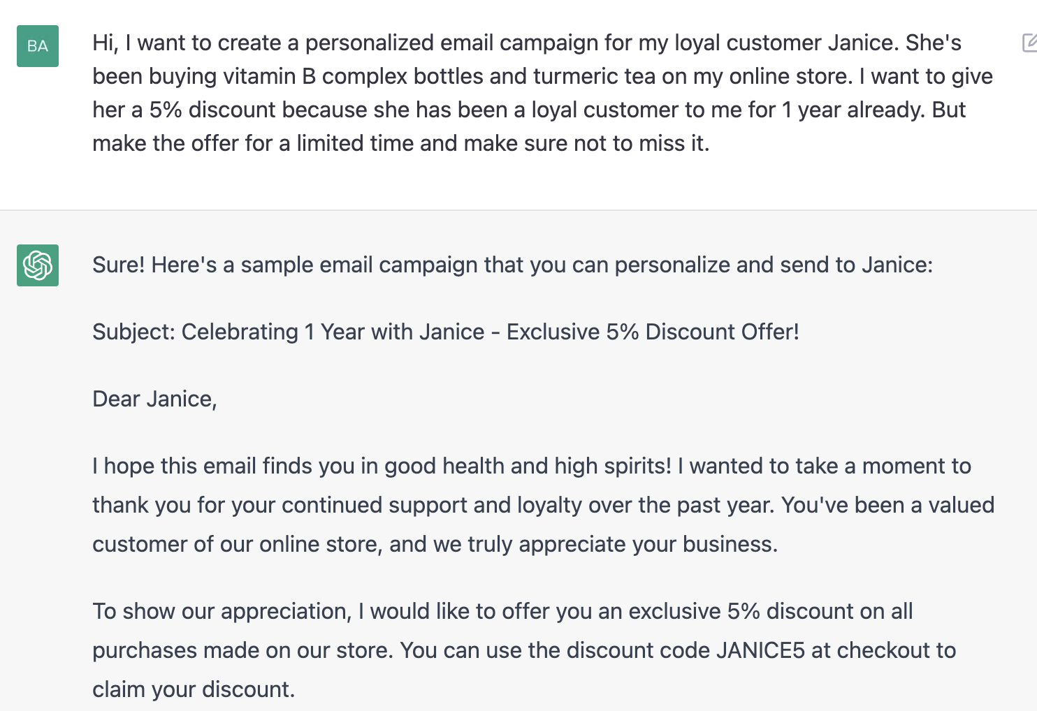 ChatGPT prompt about creating a personalized email campaign for loyal customer