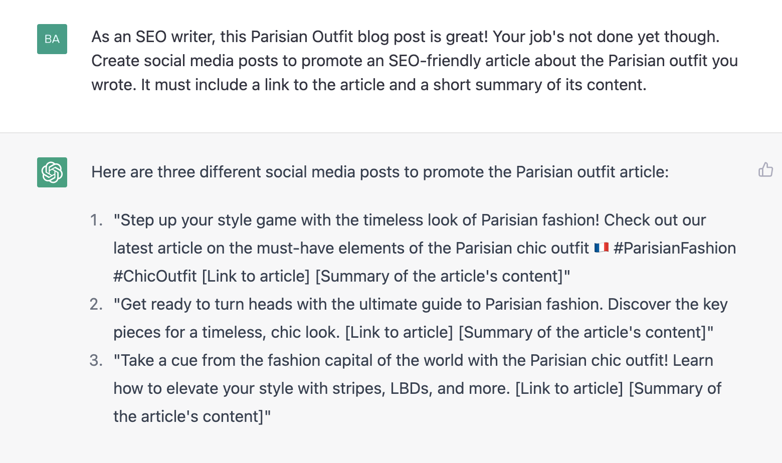 ChatGPT prompt about creating social media posts to promote an SEO friendly article about the Parisian outfit