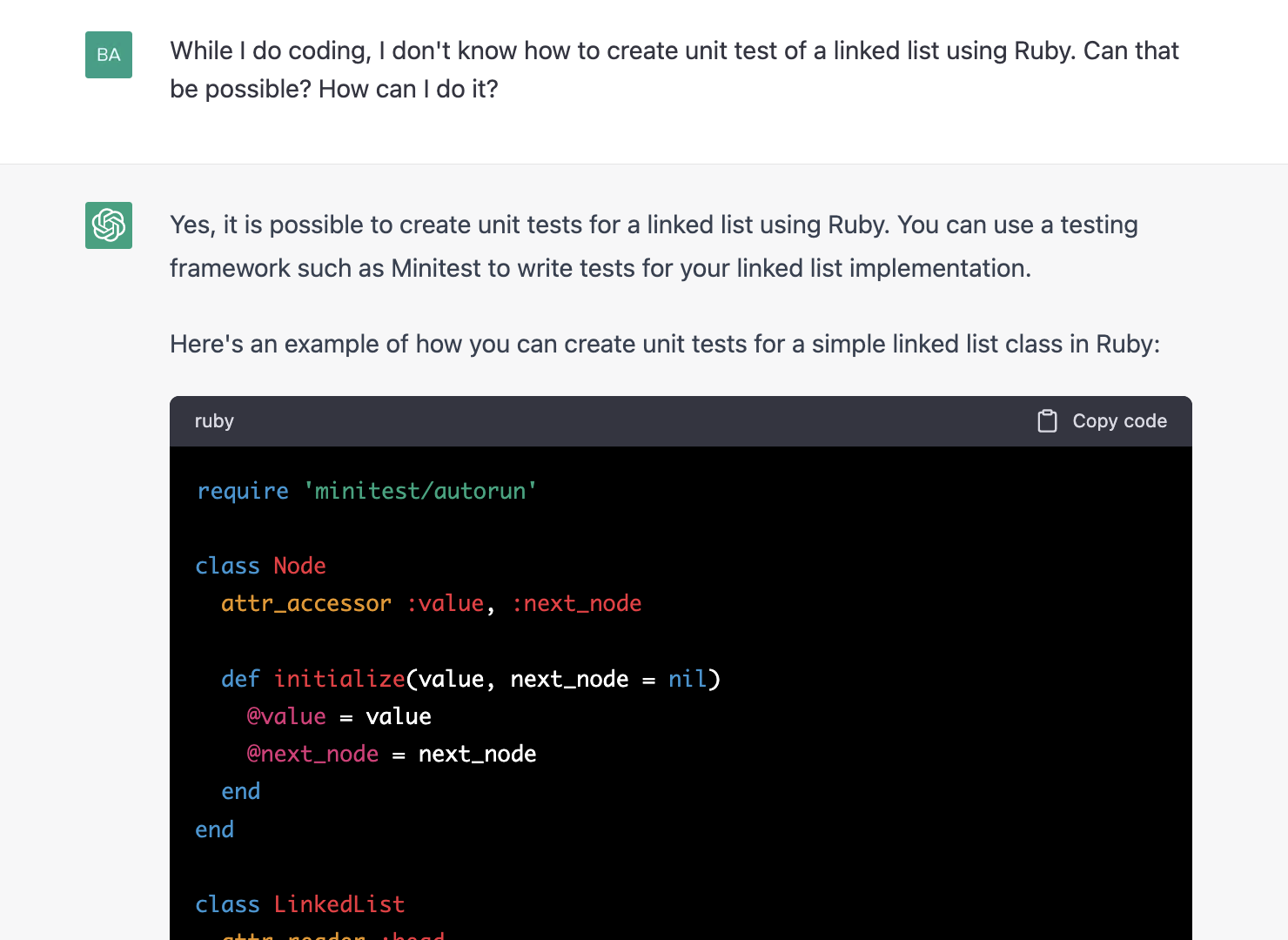 ChatGPT prompt about python code of how to can create unit tests for a simple linked list class