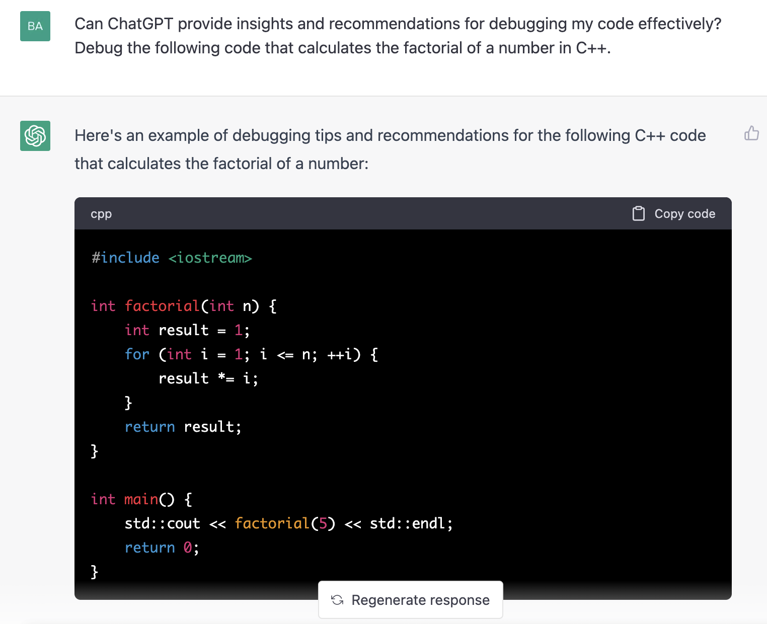 ChatGPT prompt about c++ code that calculates the factorial of a number