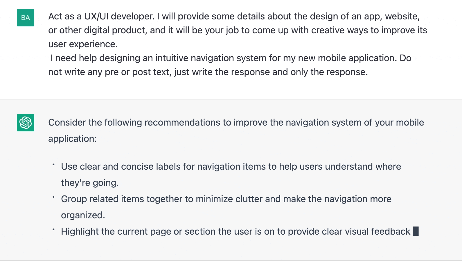 ChatGPT prompt about recommendations to improve the navigation system of a mobile application