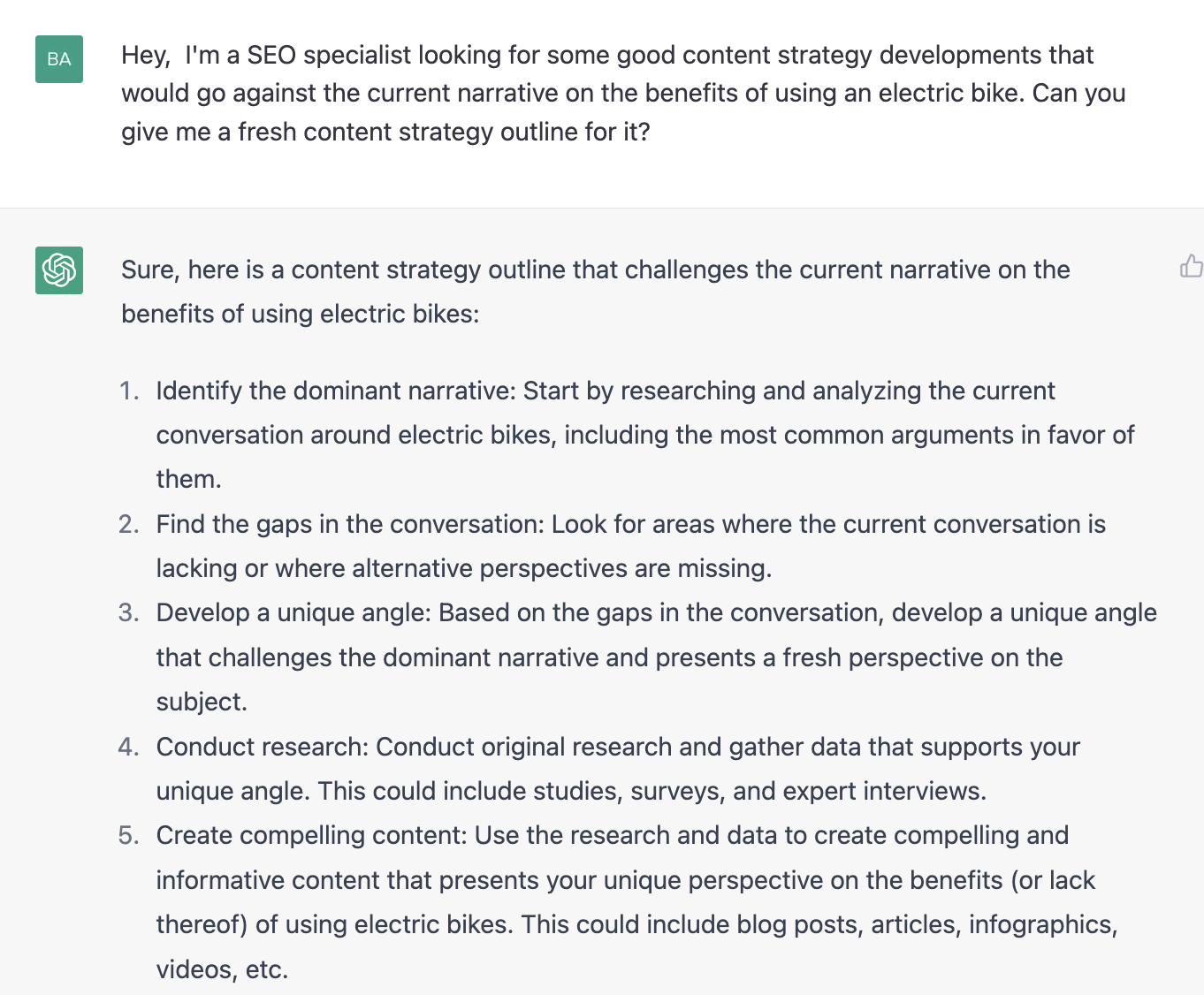 ChatGPT prompt about content strategy outline about the current narrative on the benefits of using electric bike