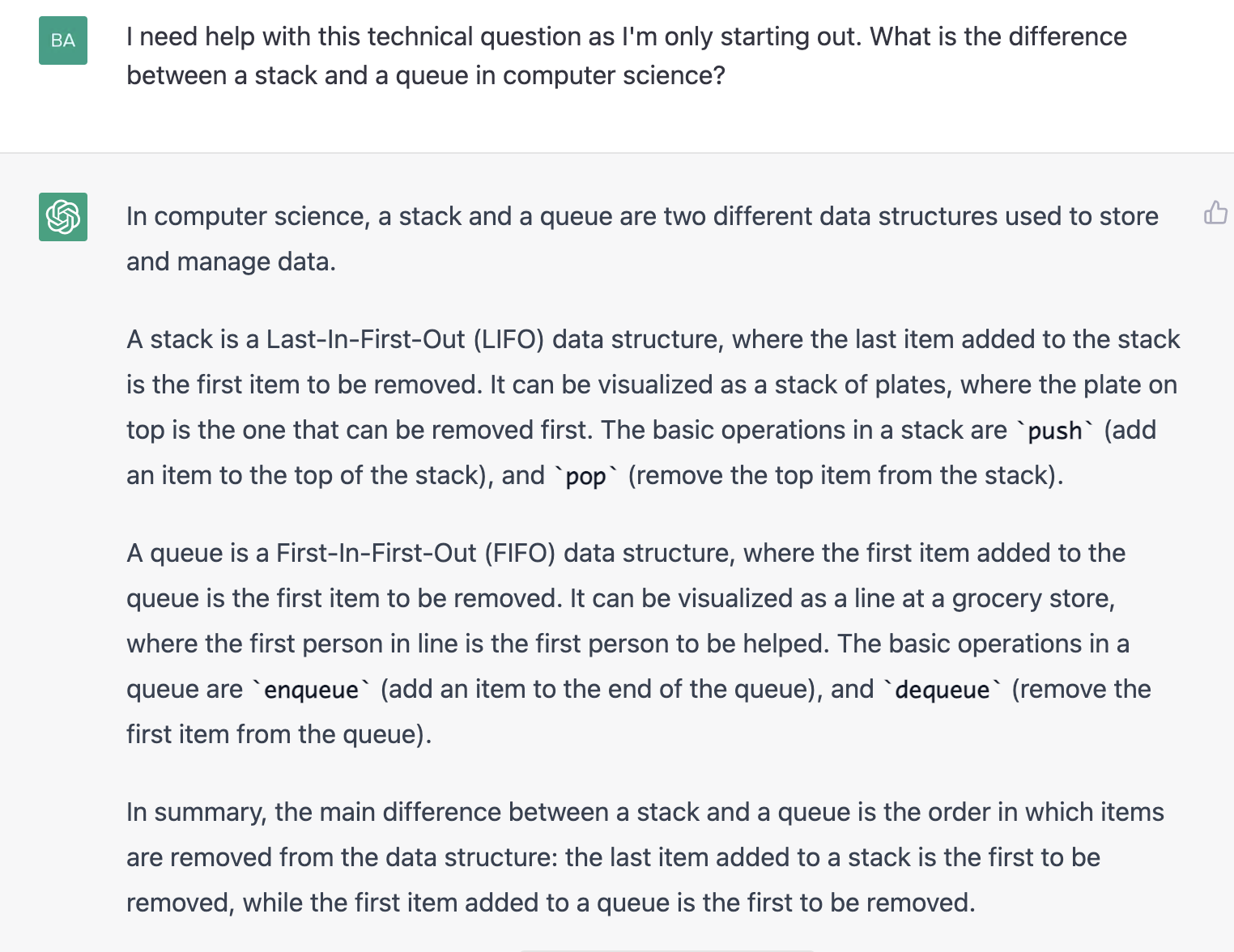 ChatGPT prompt about the difference between a stack and a queue in computer science