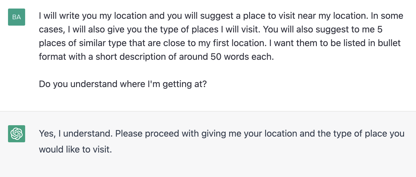 ChatGPT prompt about suggesting a place to visit near the location
