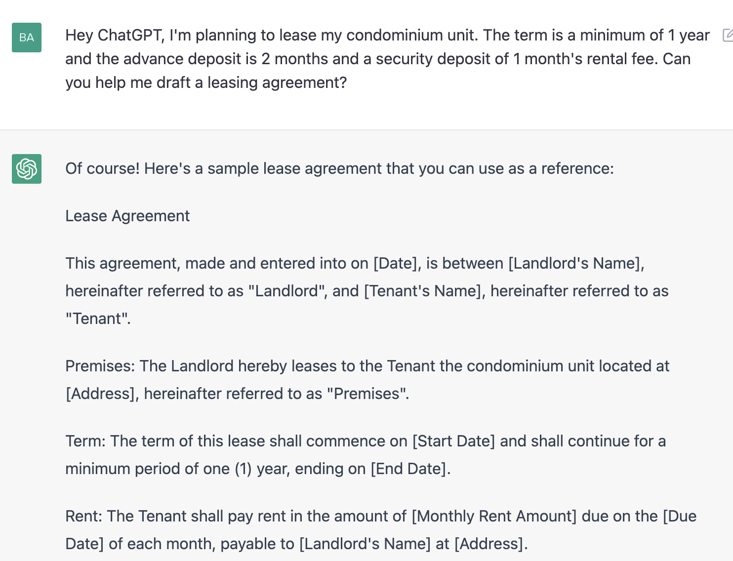 ChatGPT prompt about drafting a leasing agreement