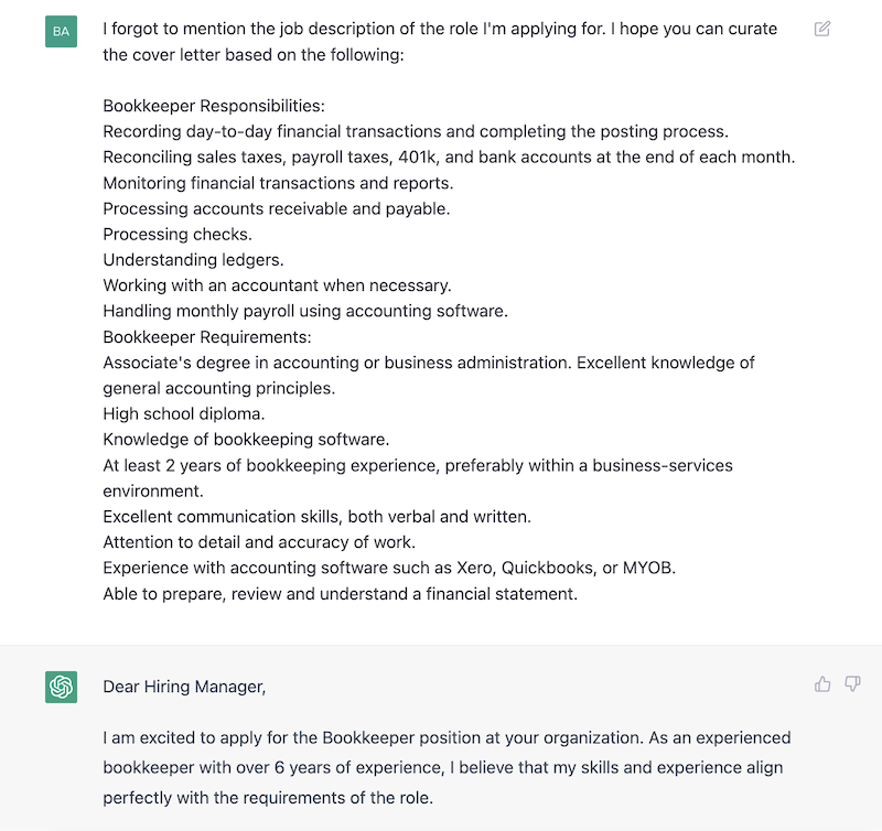 ChatGPT prompt about editing a cover letter