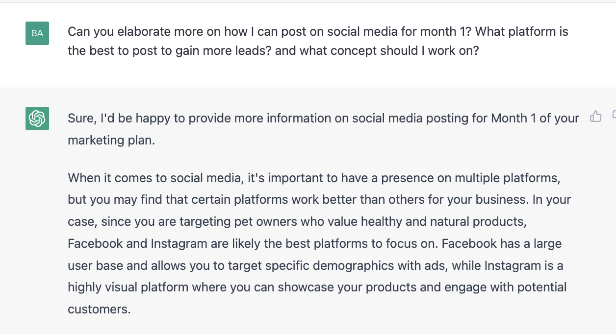 ChatGPT prompt about providing more information on social media posting for month 1 of the marketing plan