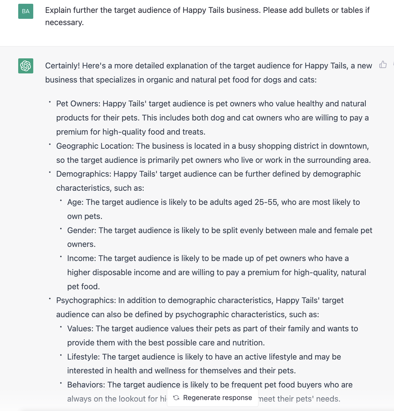 ChatGPT prompt about explaning the target audience of happy tails business