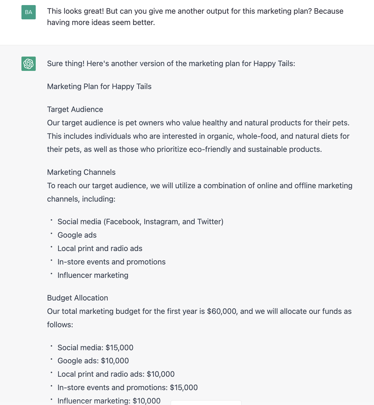 ChatGPT prompt about giving another output for the marketing plan