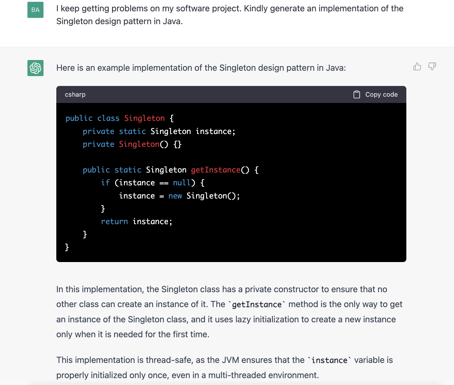 ChatGPT prompt about generating an implementation of the singleton design pattern in Java