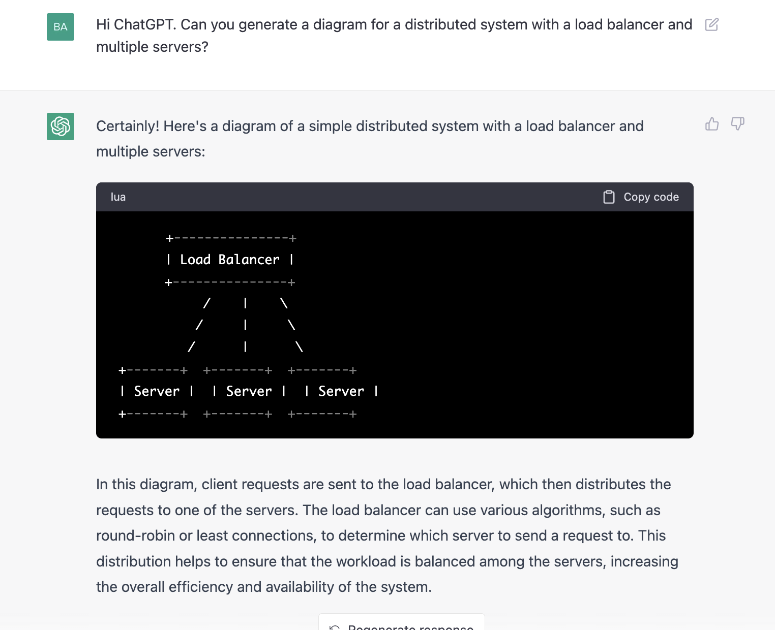 ChatGPT prompt about generating a diagram for a distributed system with a load balancer and multiple servers