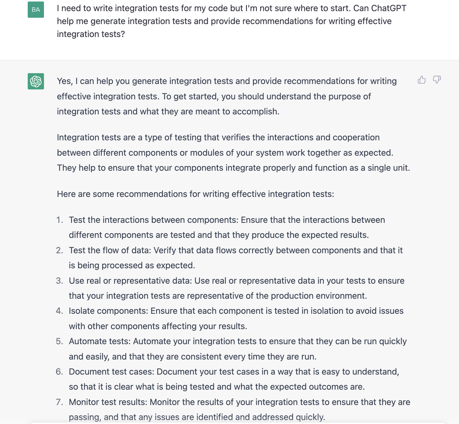 ChatGPT prompt about recommendations for writing effective integration tests