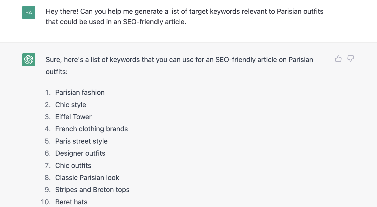ChatGPT prompt about generating a list of target keywords relevant to parisian outfits