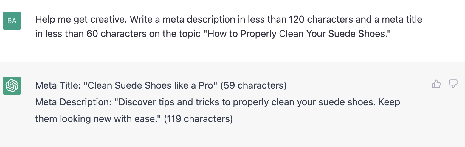 ChatGPT prompt about writing a meta description and meta title on the topic provided
