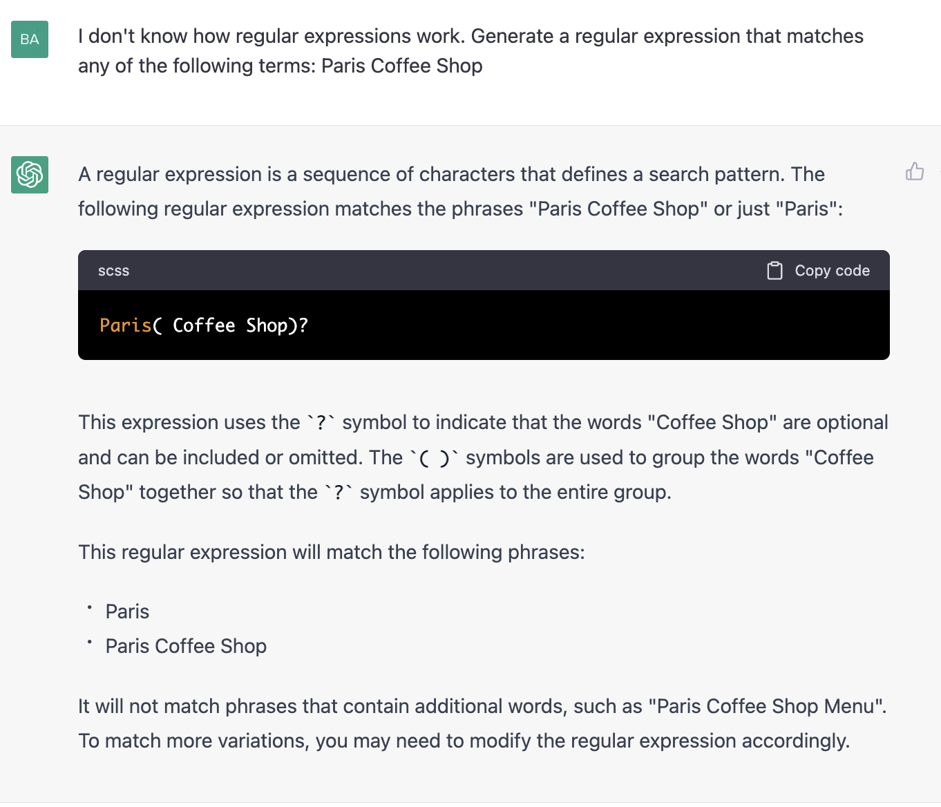 ChatGPT prompt about generating a regular expression that matches Paris Coffee shop