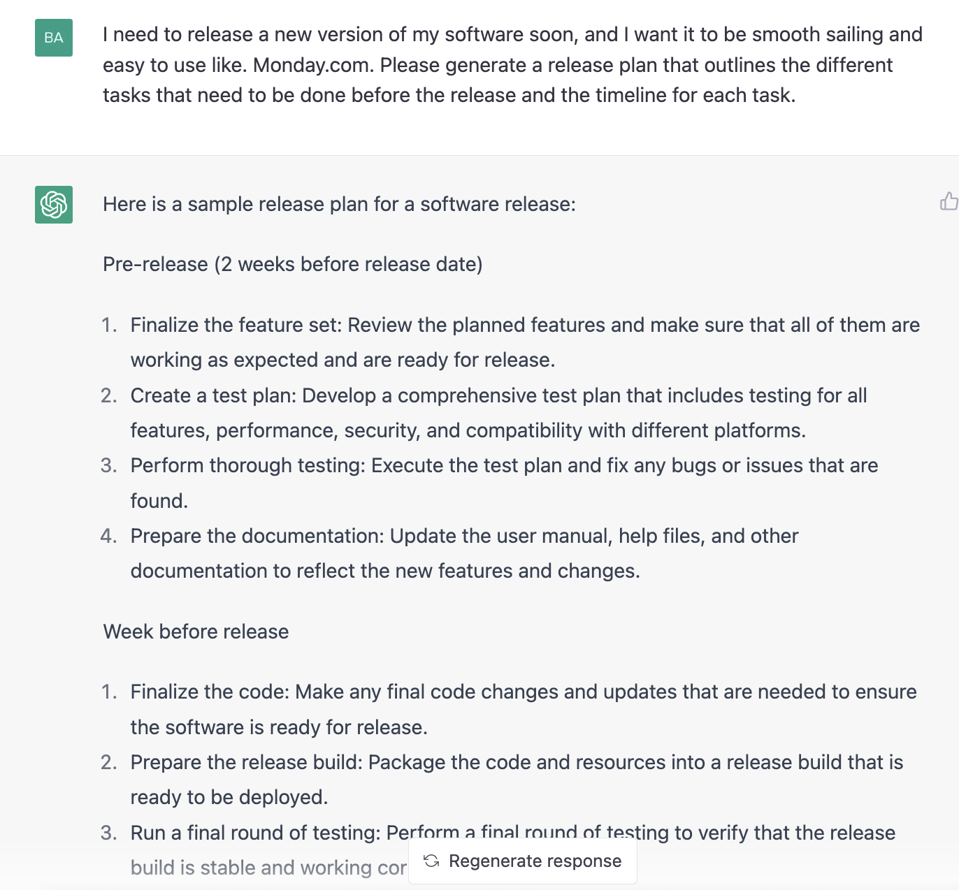 ChatGPT prompt about the sample release plan for a software release