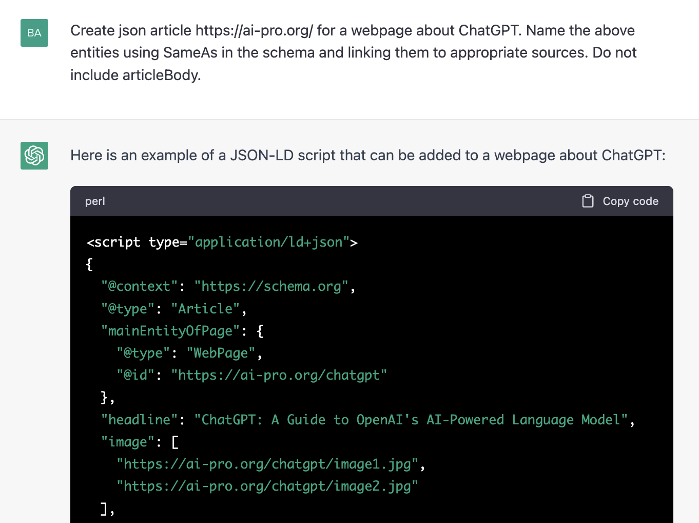 ChatGPT prompt about the example of a JSON-LD script that can be added to a webpage about chatGPT