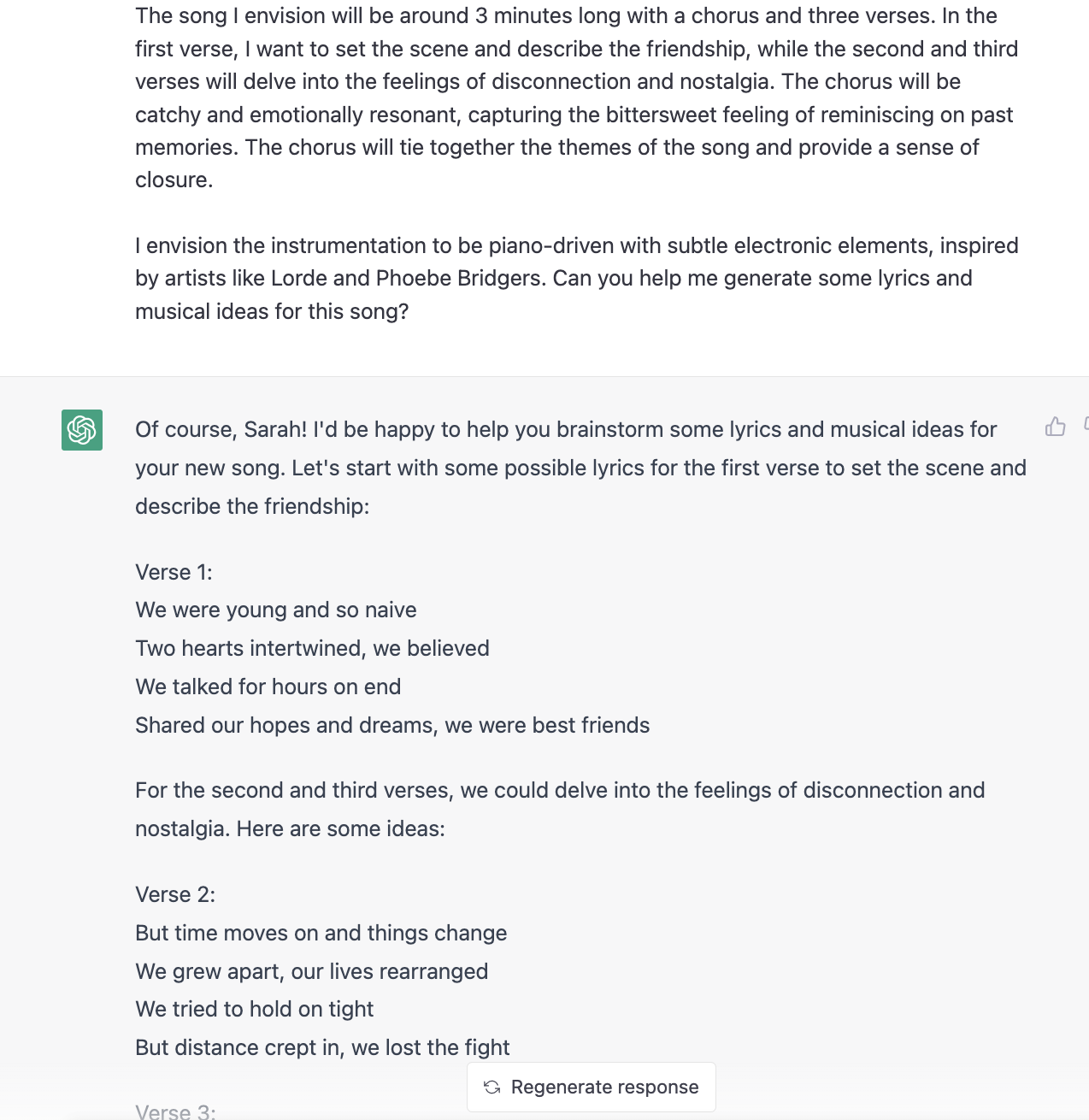 ChatGPT prompt about generating some lyrics and musical ideas for the song