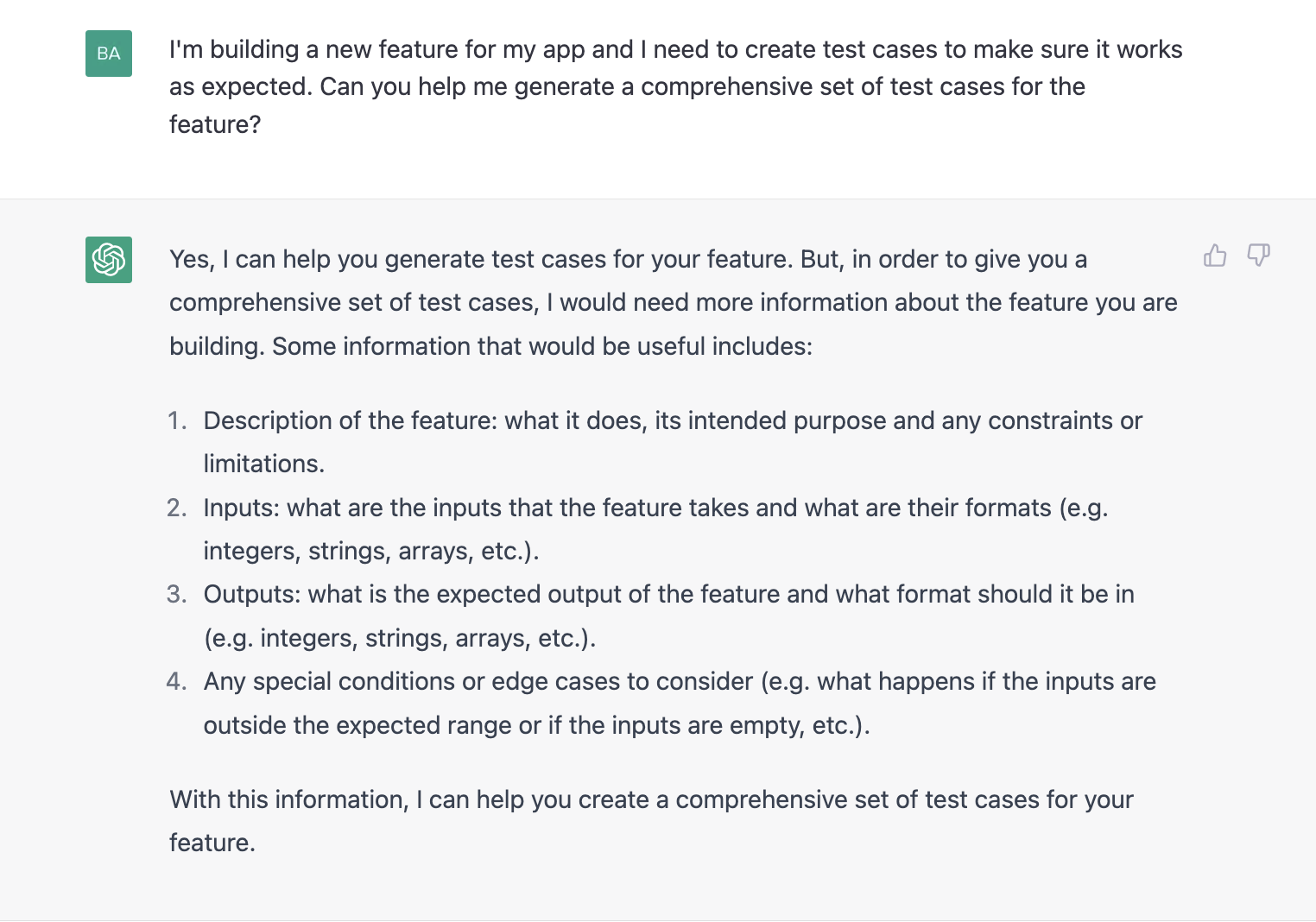 ChatGPT prompt about a comprehensive set of test cases for the feature