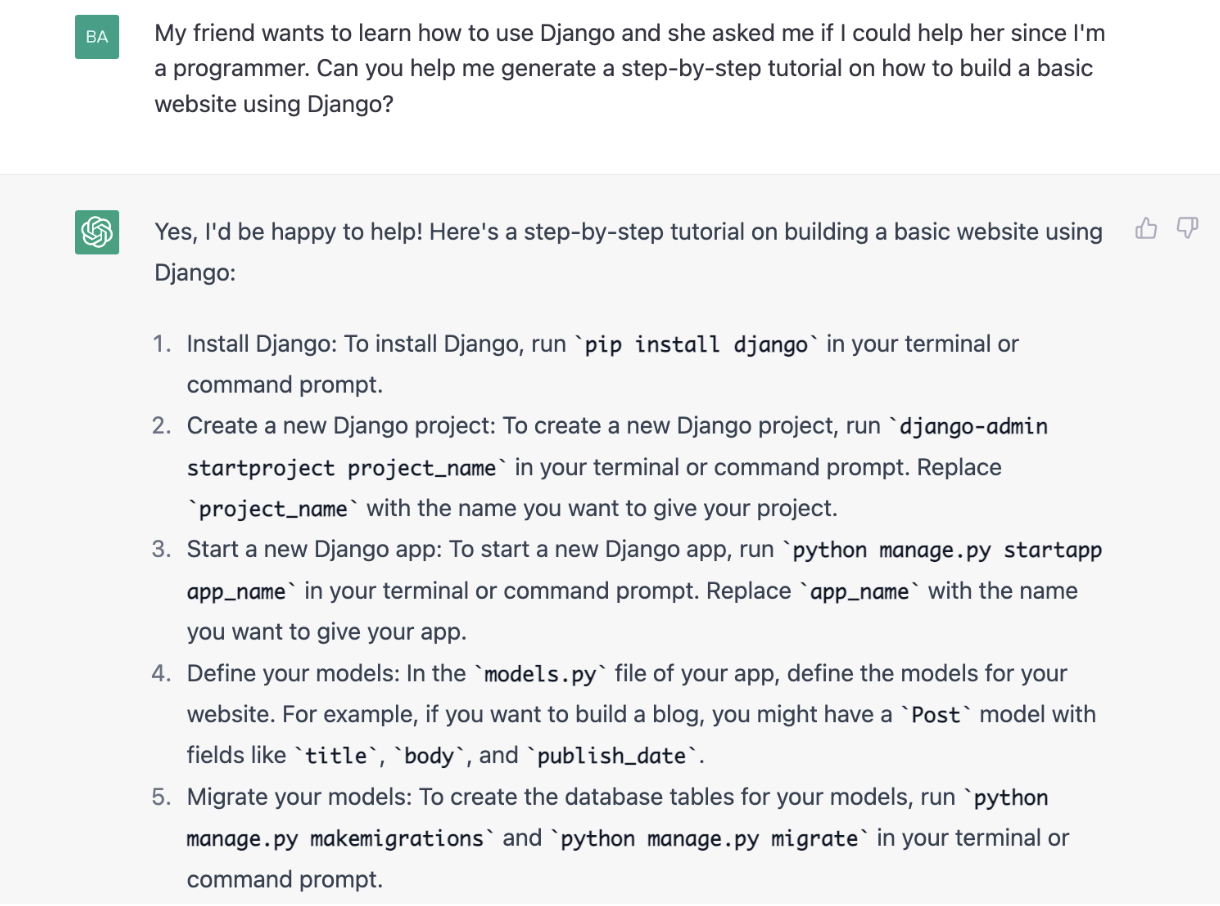 ChatGPT prompt about the step by step tutorial on how to build a basic website using Django