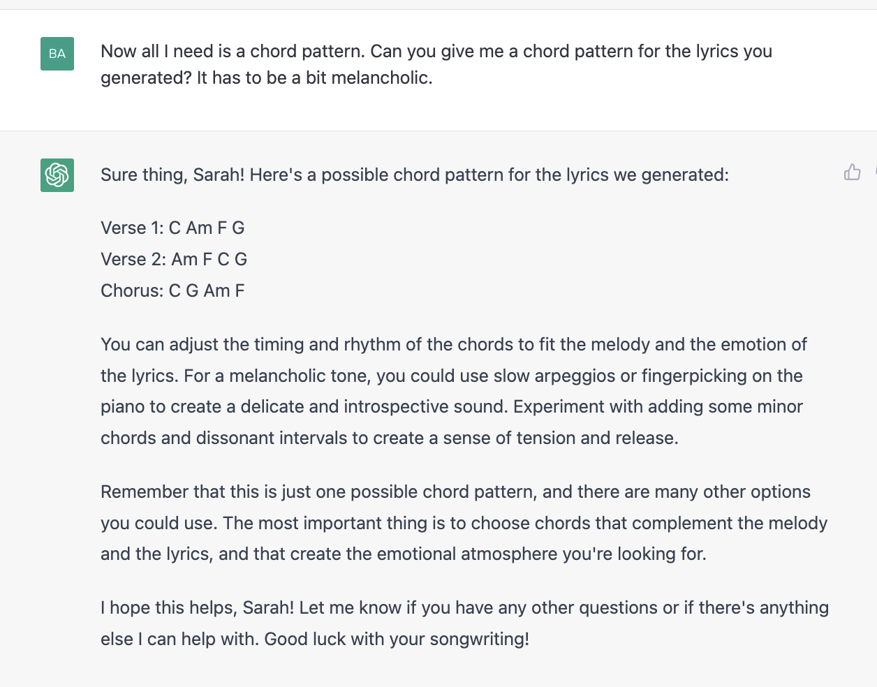 ChatGPT prompt about giving a chord pattern for the lyrics