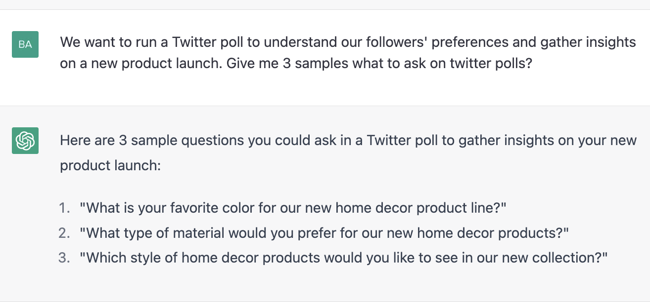 ChatGPT prompt about giving 3 samples what to ask on social media polls