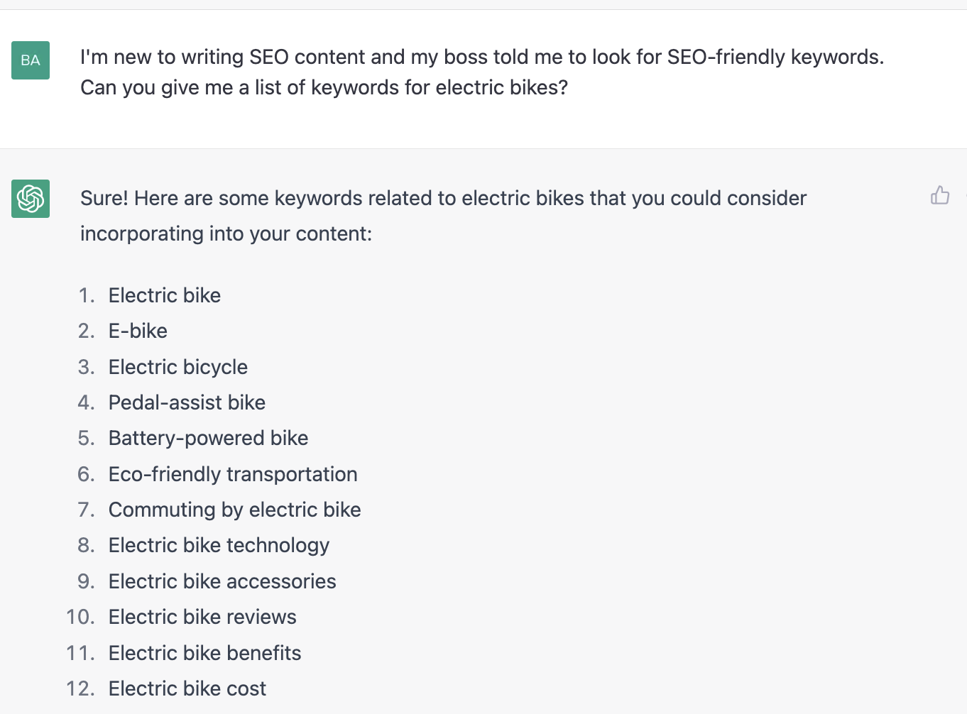 ChatGPT prompt about list of keywords for electric bikes