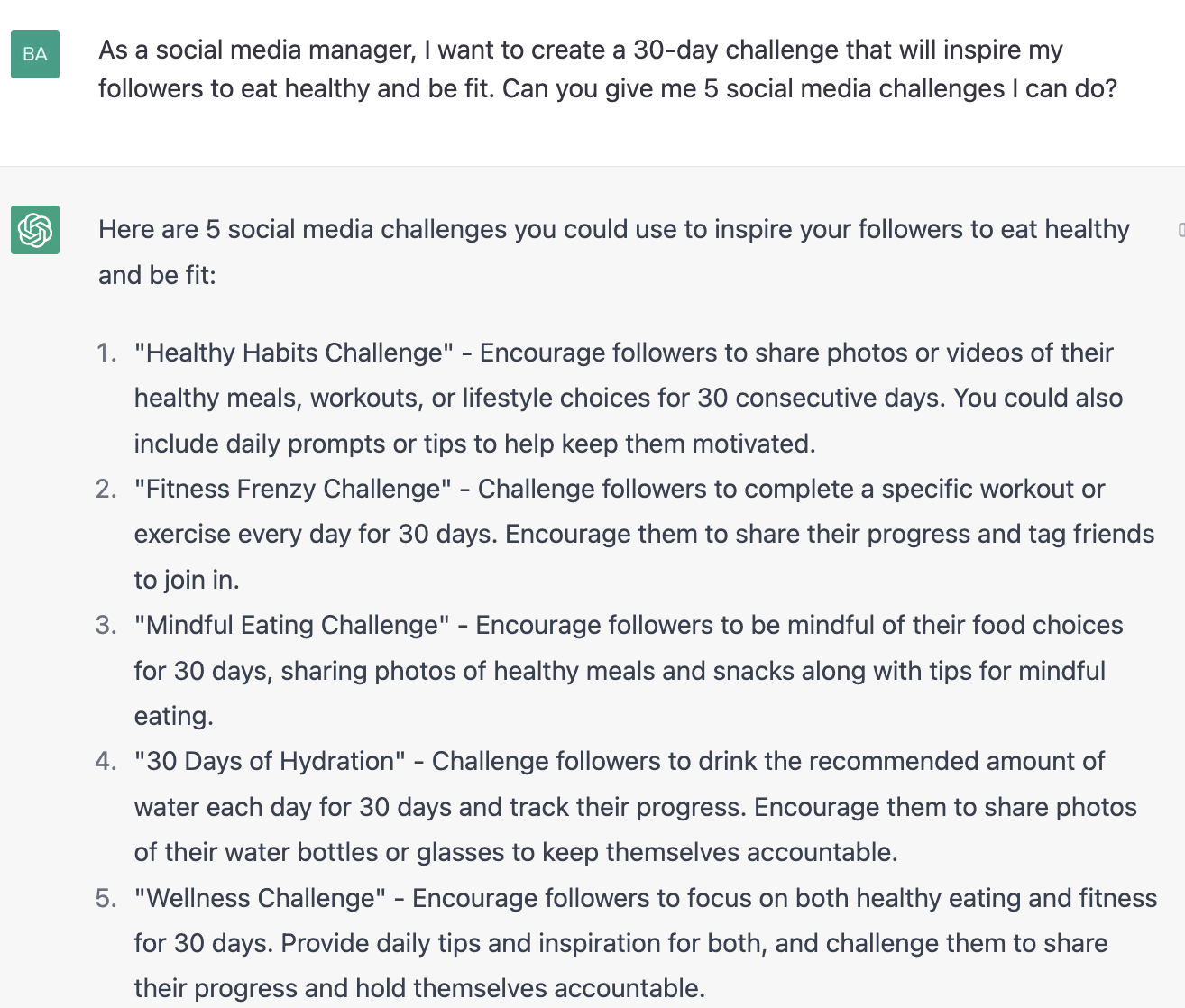 ChatGPT prompt about creating a 30 day challenge to eat healthy and be fit
