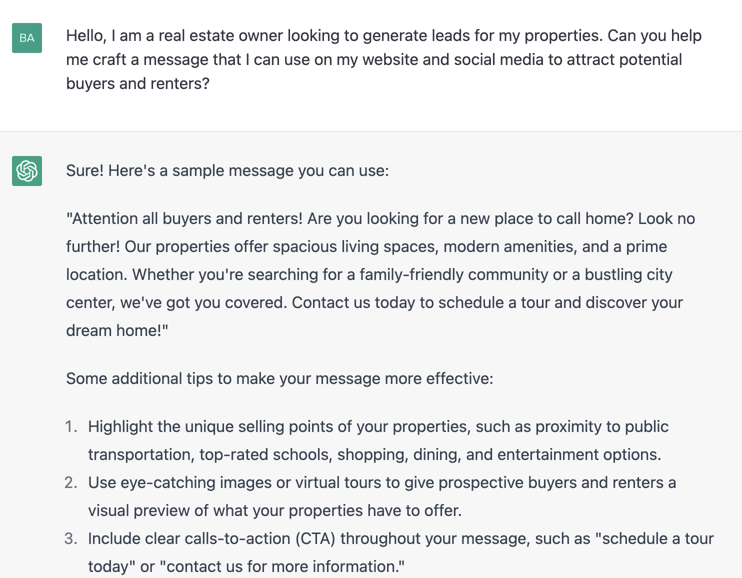 ChatGPT prompt about generating leads for properties