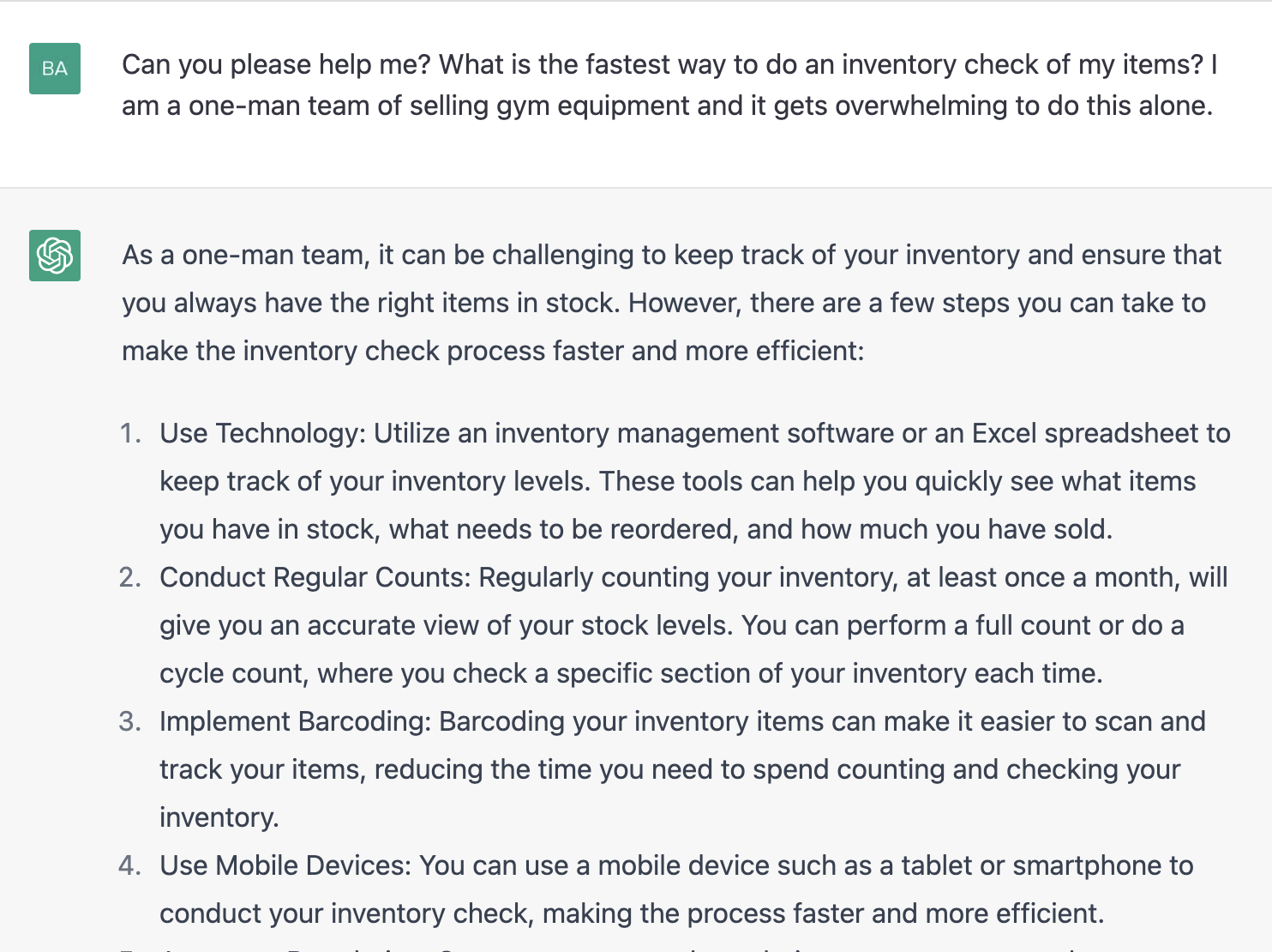 ChatGPT prompt about the fastest way to do an inventory check for items