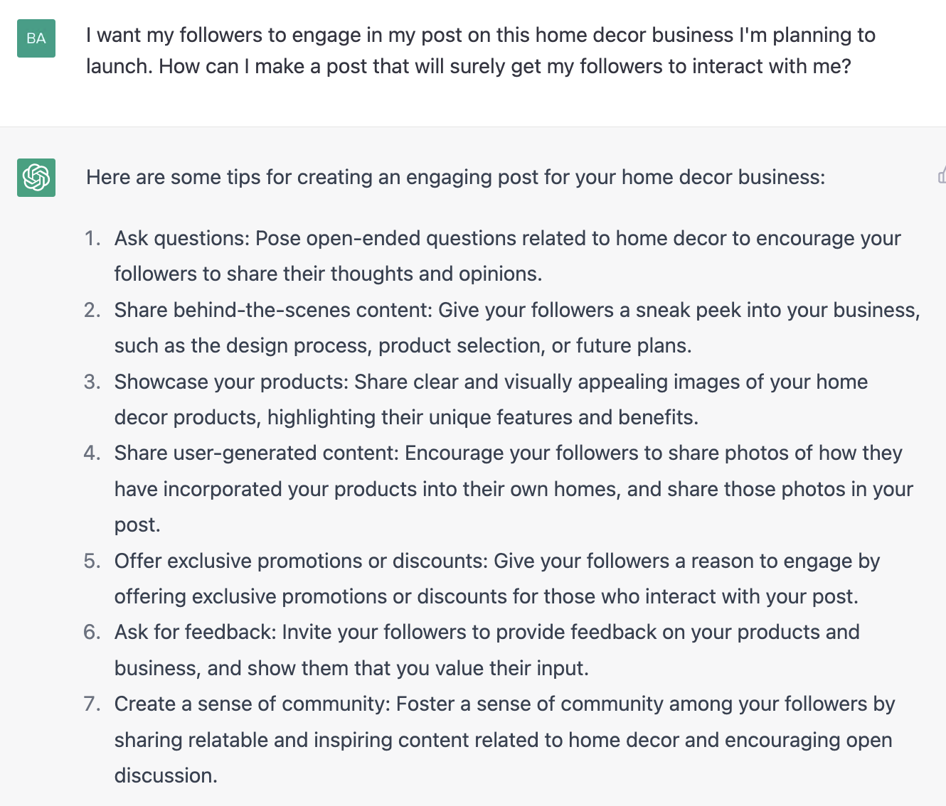 ChatGPT prompt about tips for creating an engaging post for your home decor business